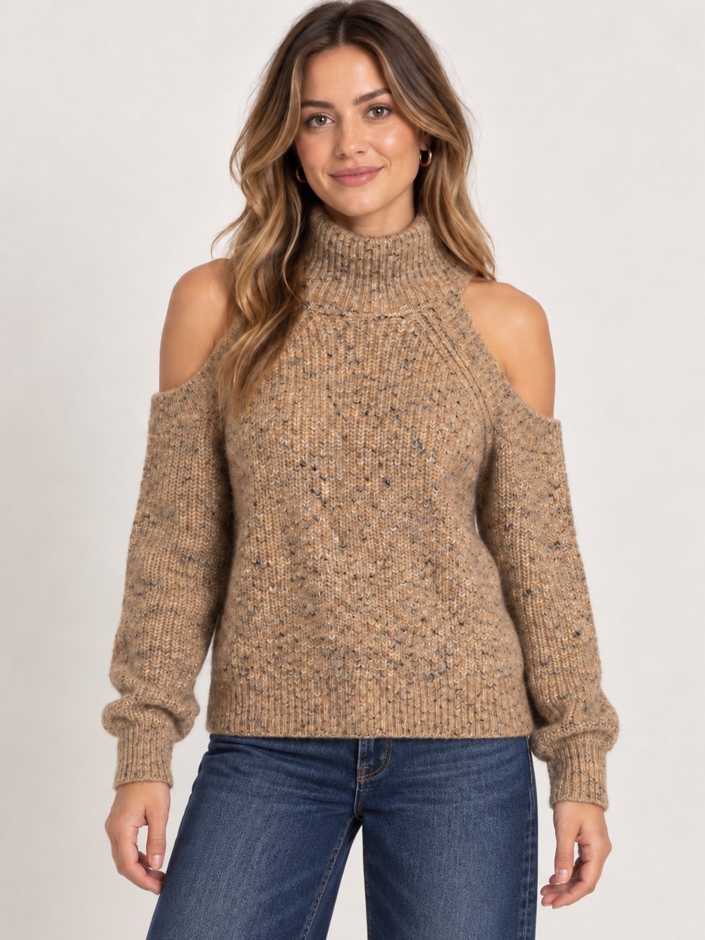 Astr Tori Mock Neck Cold Shoulder Knit Sweater in Tan/Camel/Multi Small NWT